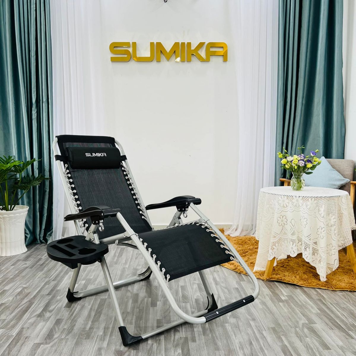Ghế xếp thư giãn Sumika 179 (khung xám, Lưới đen)